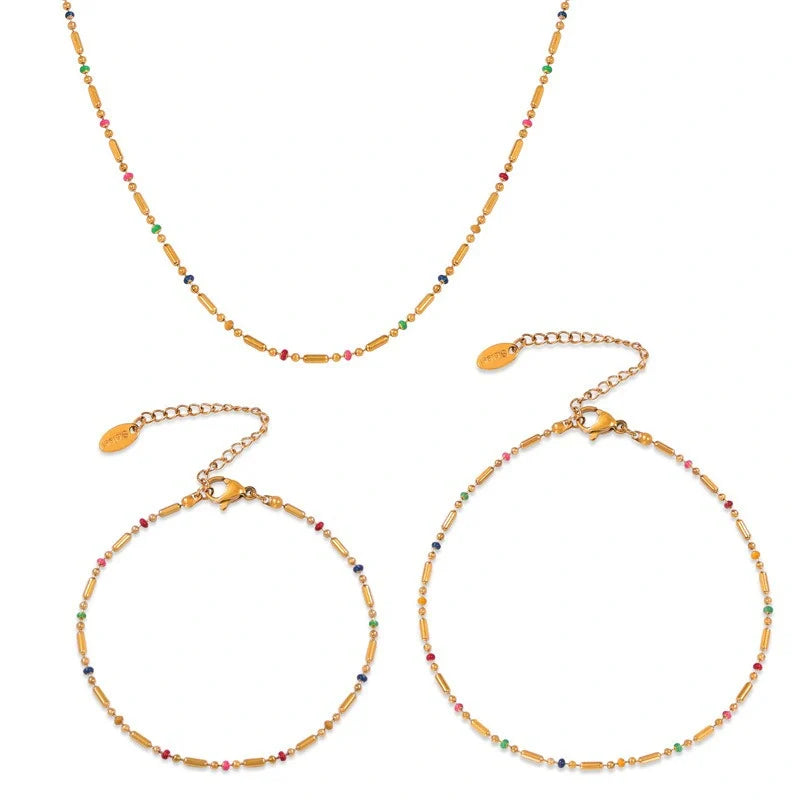 18K Gold light luxury noble geometric shape with round bead design simple style anklet necklace bracelet set