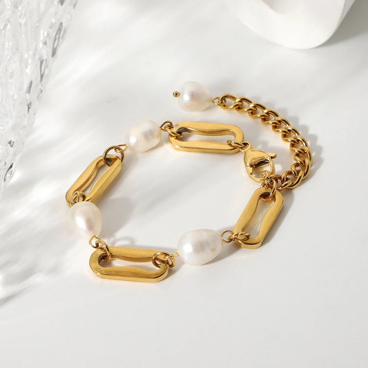 18K Gold Rectangular Chain with Pearl Design High-End Bracelet Only