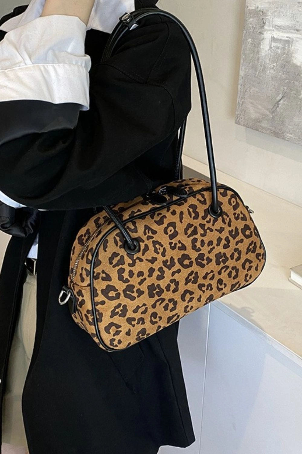 Fierce Leopard Suede Medium Shoulder Bag