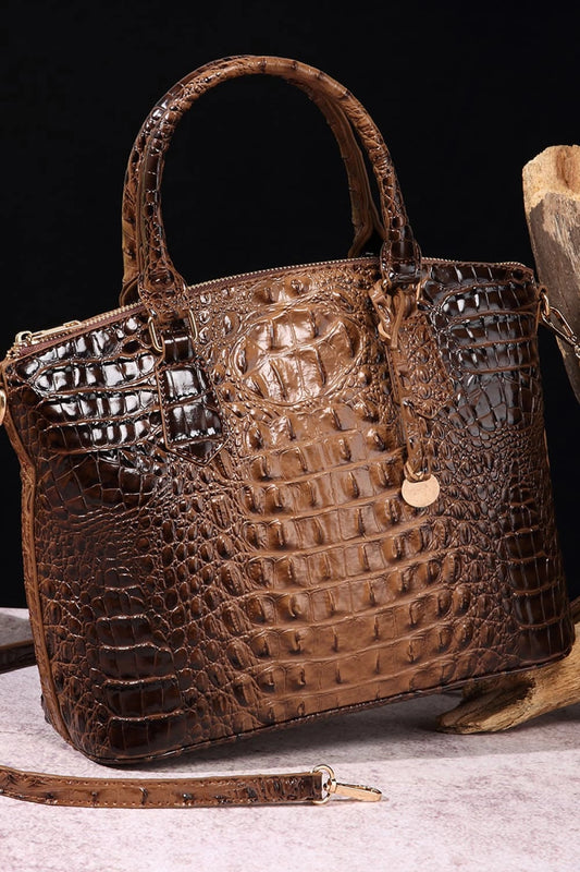 Stylish Crocodile-Pattern Leather Handbag Taupe One Size