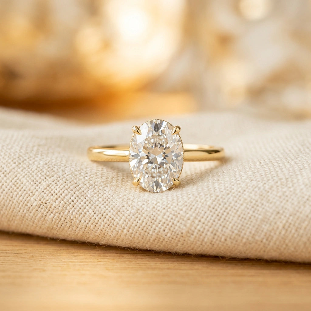 Gold ring with a large diamond on a beige fabric background