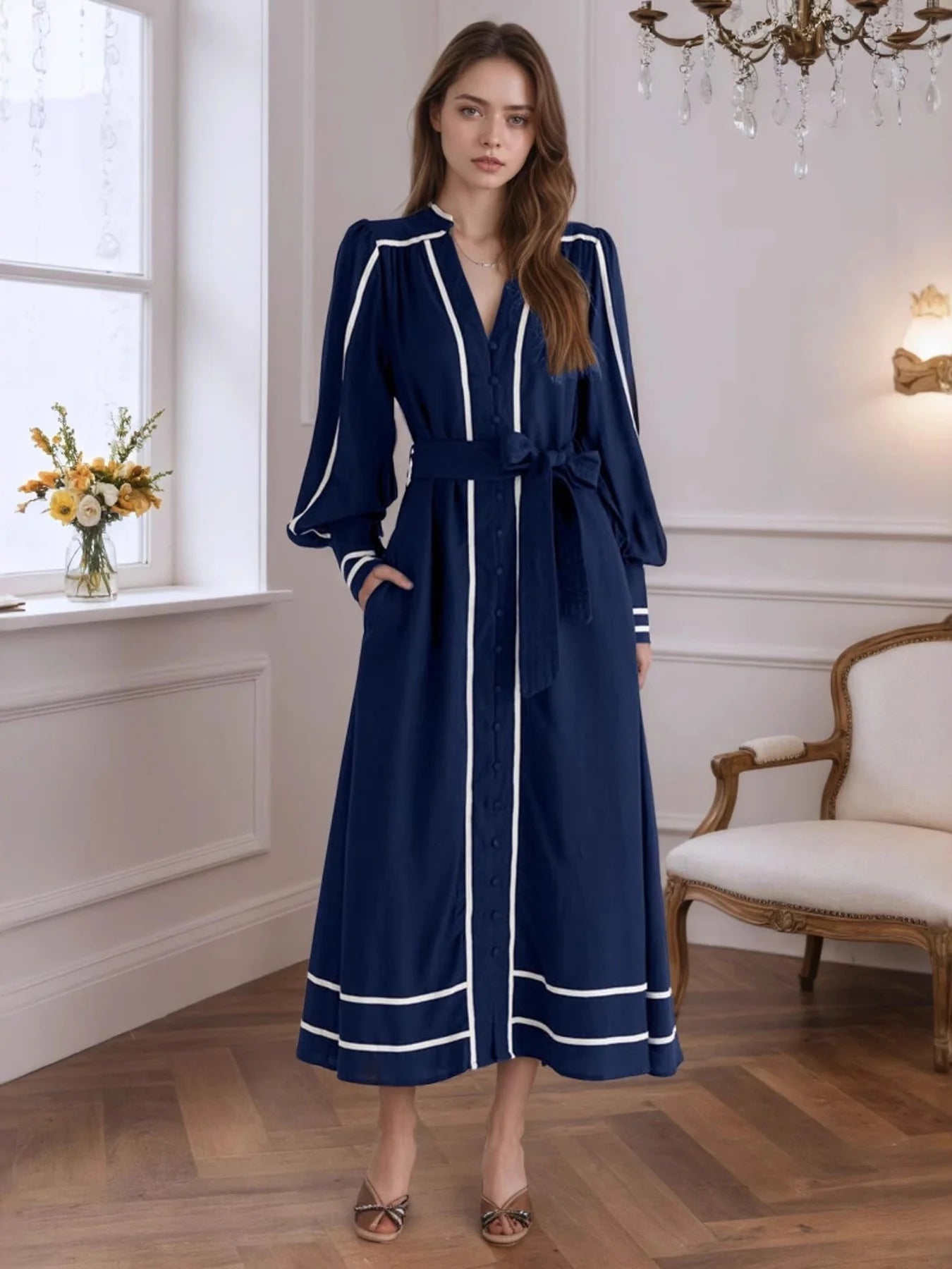 Belted Contrast Navy Dress