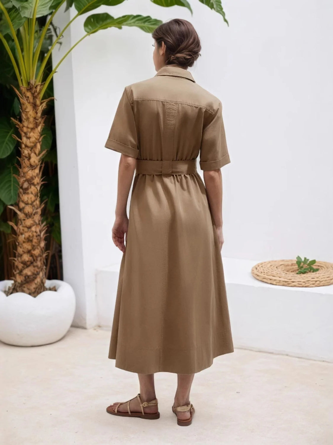 Classy Belted Khaki Dress
