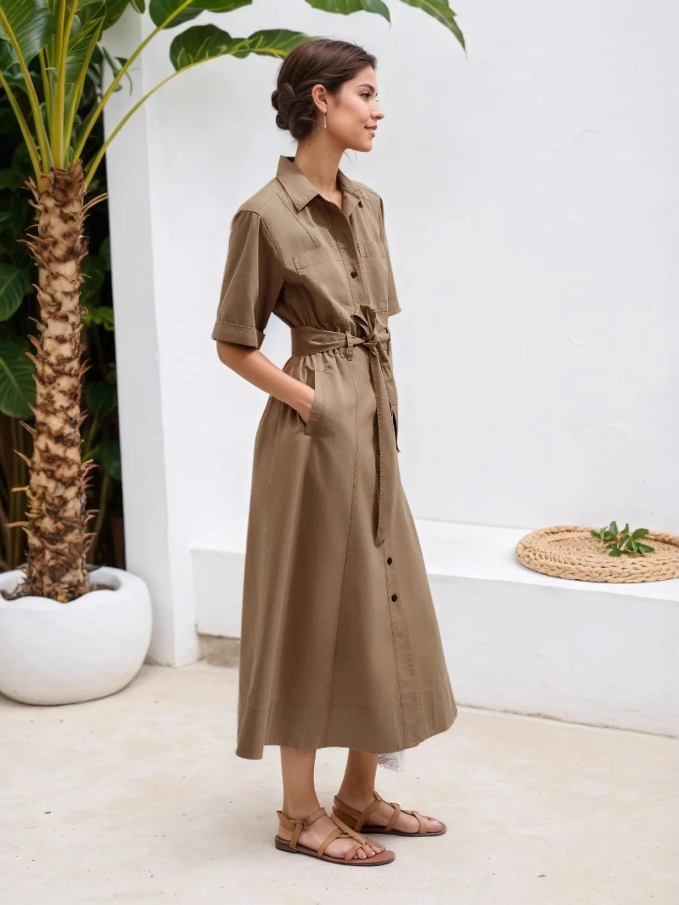 Classy Belted Khaki Dress
