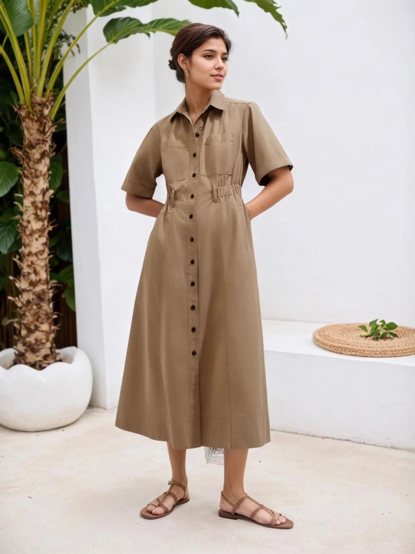 Classy Belted Khaki Dress