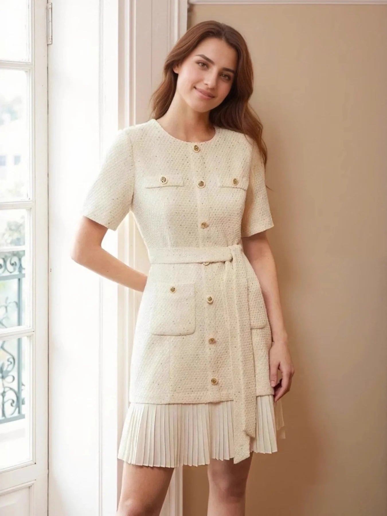 Elegant Ivory Pleated Dress