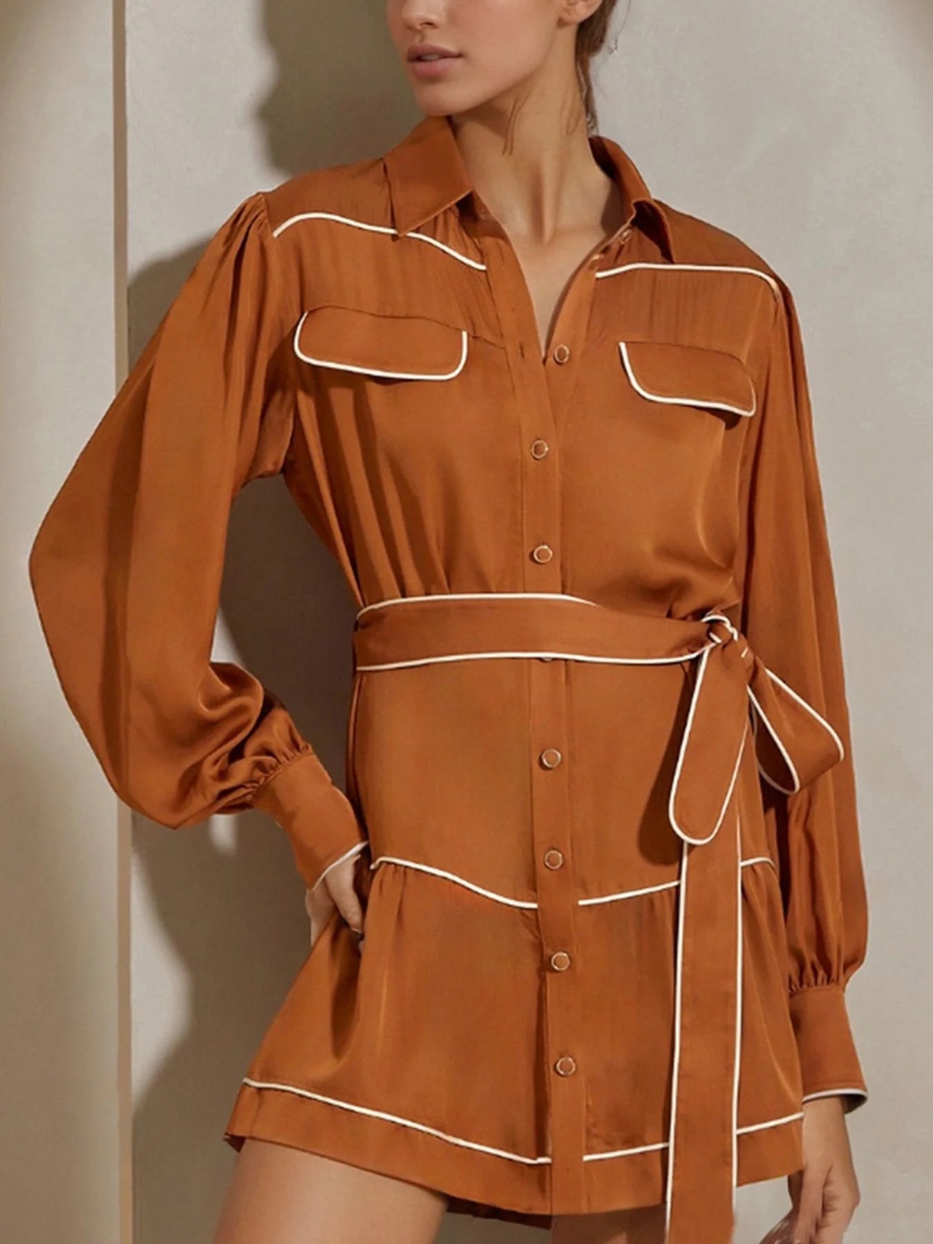Elegant Orange Tiered Belted Dress