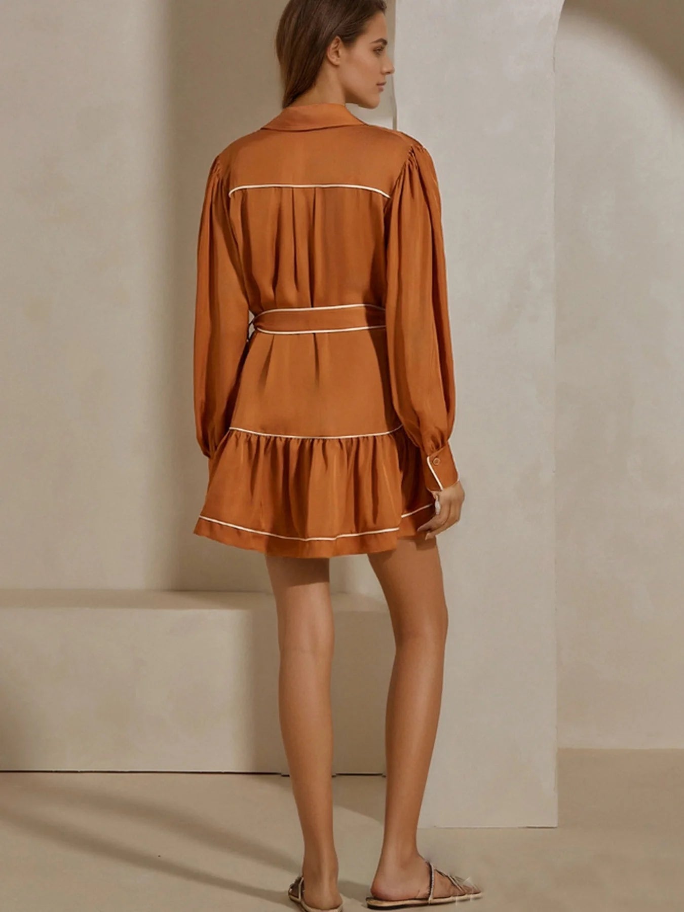 Elegant Orange Tiered Belted Dress