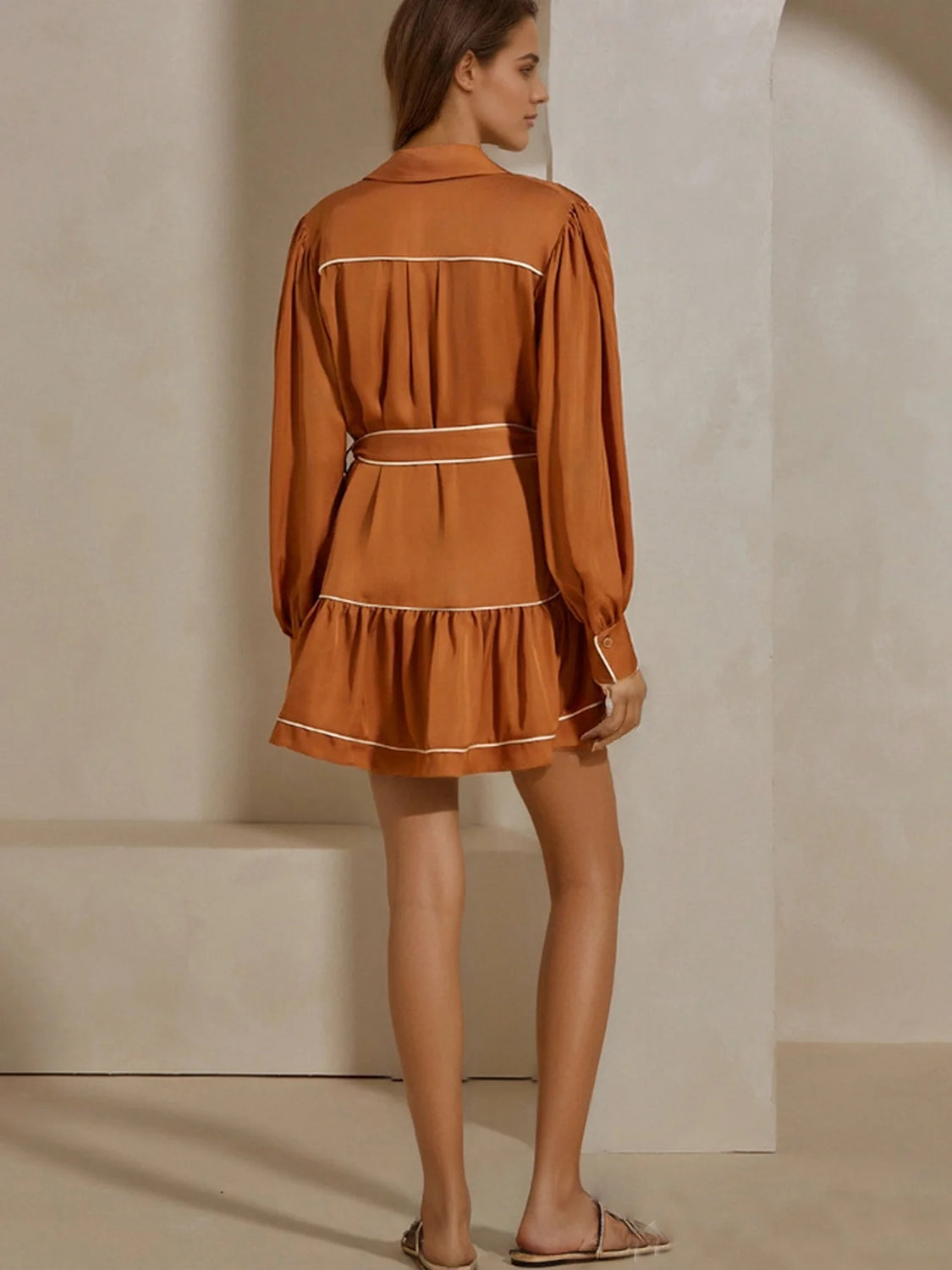 Elegant Orange Tiered Belted Dress
