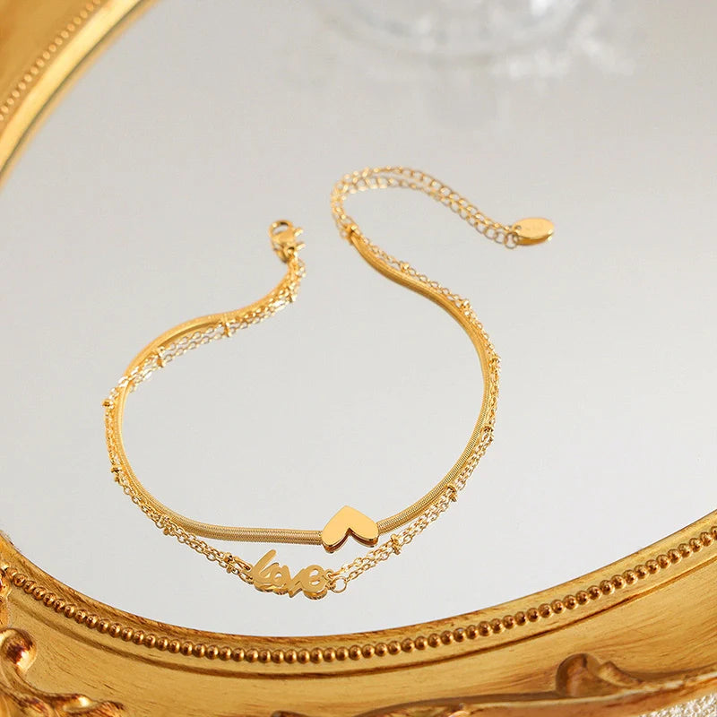 Gold exquisite and fashionable heart with LOVE double-layer design anklet