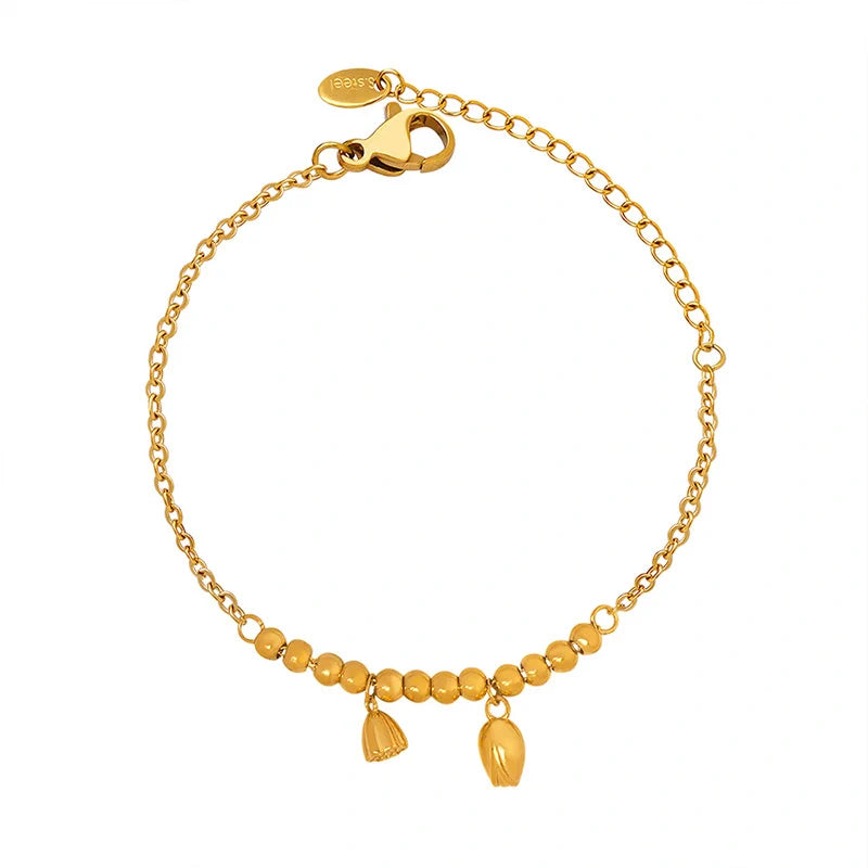 Gold trendy and fashionable lotus flower with round bead design light luxury style anklet