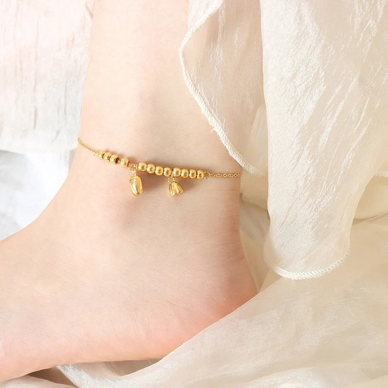Gold trendy and fashionable lotus flower with round bead design light luxury style anklet