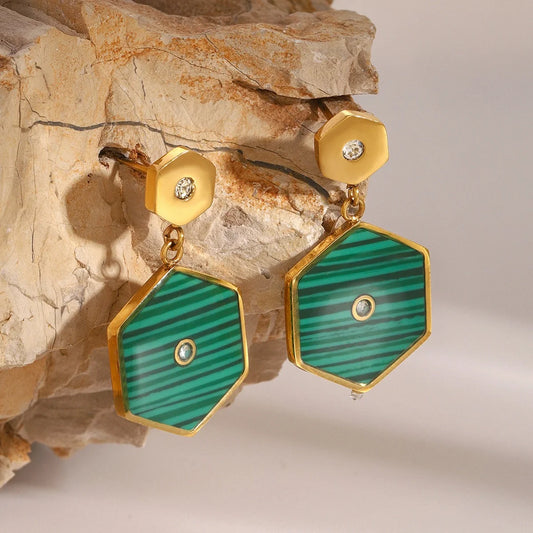 Hexagonal Inlaid Gemstone Earrings