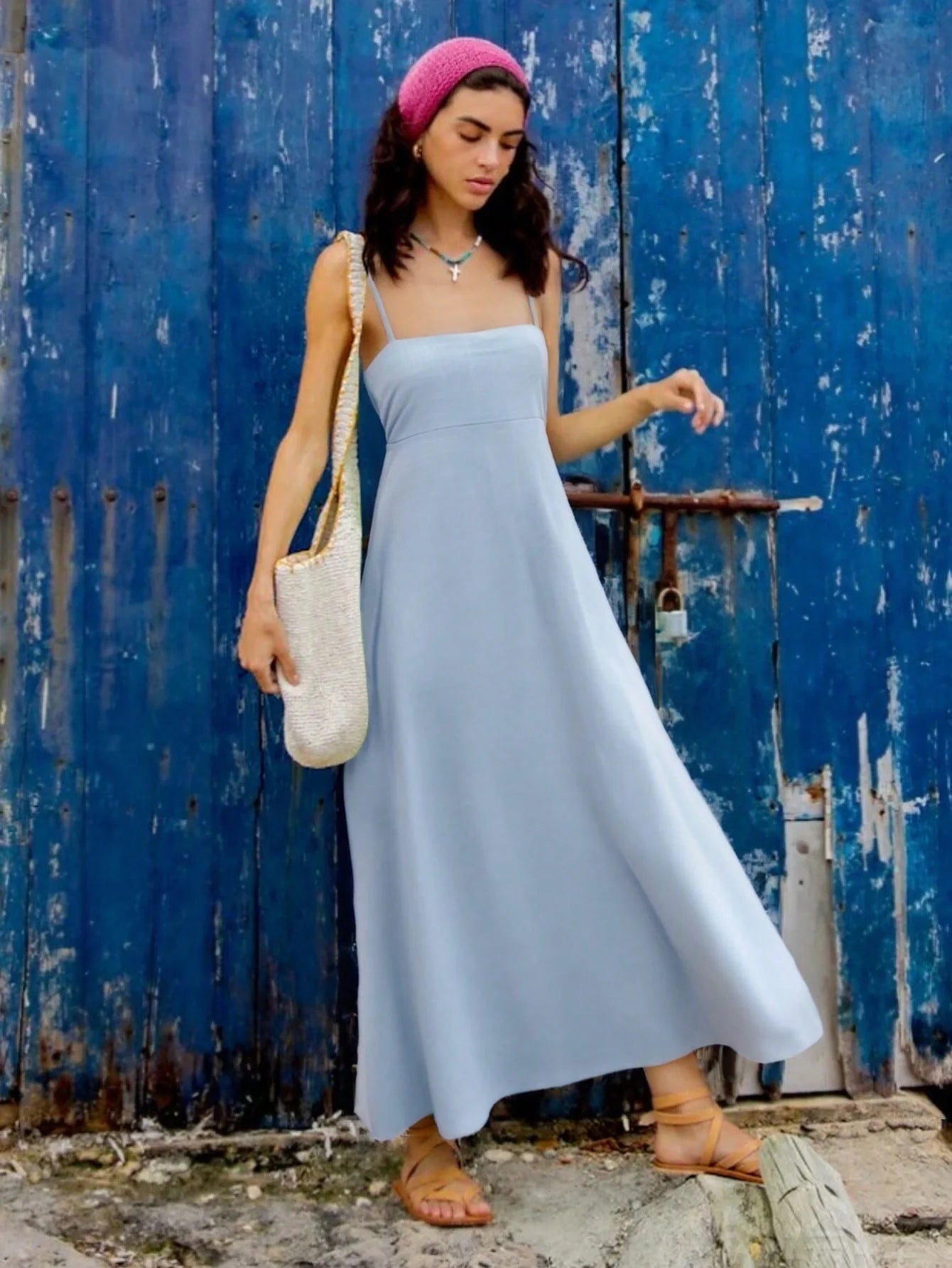Luxe Light Blue Viscose Linen Blend Dress